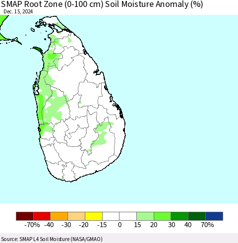 Sri Lanka SMAP Root Zone (0-100 cm) Soil Moisture Anomaly (%) Thematic Map For 12/11/2024 - 12/15/2024