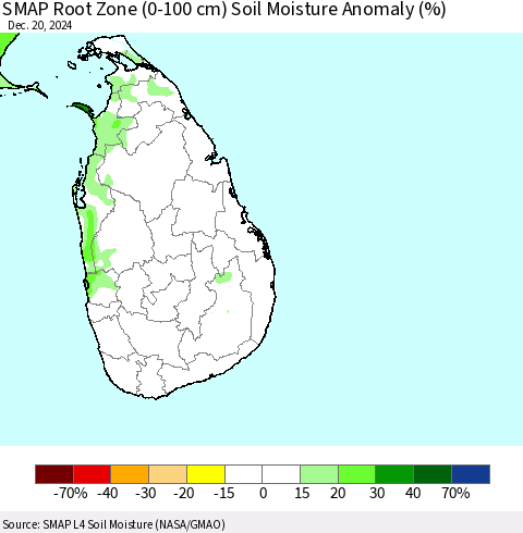 Sri Lanka SMAP Root Zone (0-100 cm) Soil Moisture Anomaly (%) Thematic Map For 12/16/2024 - 12/20/2024