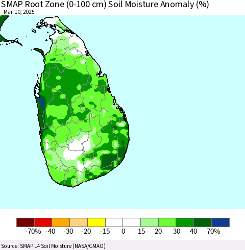 Sri Lanka SMAP Root Zone (0-100 cm) Soil Moisture Anomaly (%) Thematic Map For 3/6/2025 - 3/10/2025