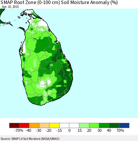 Sri Lanka SMAP Root Zone (0-100 cm) Soil Moisture Anomaly (%) Thematic Map For 4/6/2025 - 4/10/2025