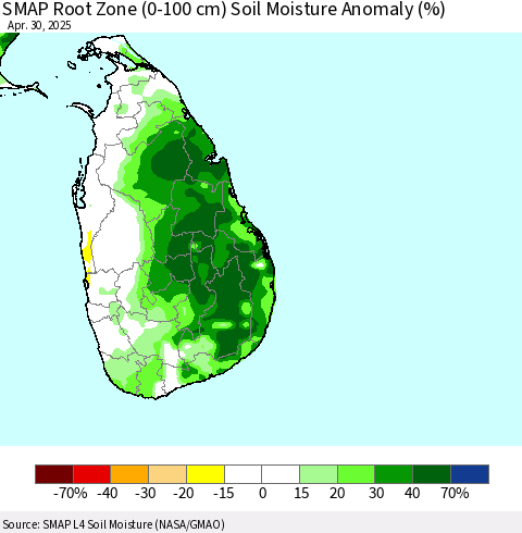 Sri Lanka SMAP Root Zone (0-100 cm) Soil Moisture Anomaly (%) Thematic Map For 4/26/2025 - 4/30/2025