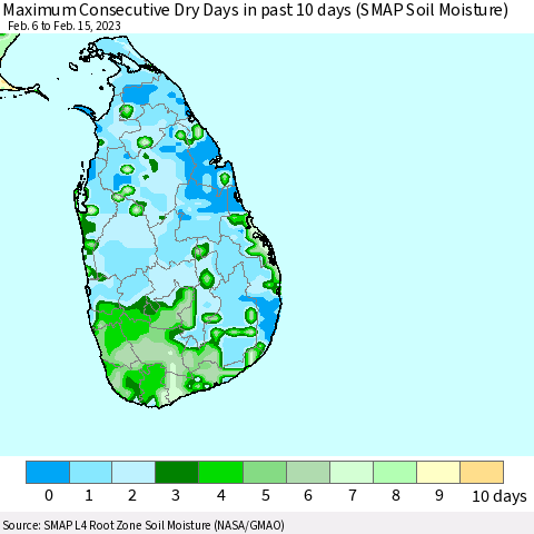 Sri Lanka Maximum Consecutive Dry Days in past 10 days (SMAP Soil Moisture) Thematic Map For 2/11/2023 - 2/15/2023