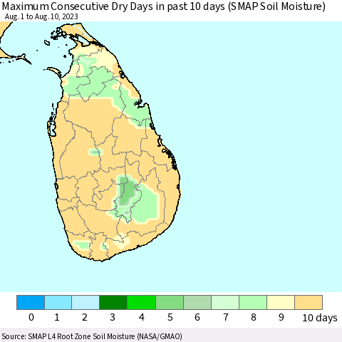 Sri Lanka Maximum Consecutive Dry Days in past 10 days (SMAP Soil Moisture) Thematic Map For 8/6/2023 - 8/10/2023