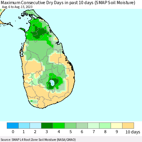 Sri Lanka Maximum Consecutive Dry Days in past 10 days (SMAP Soil Moisture) Thematic Map For 8/11/2023 - 8/15/2023