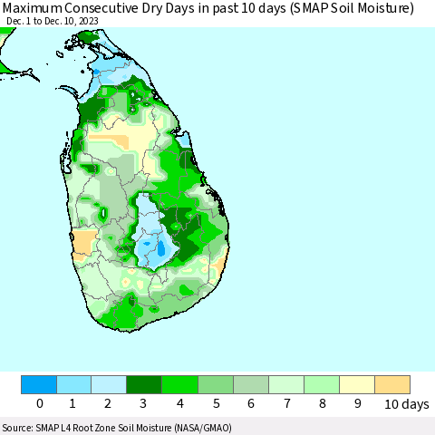 Sri Lanka Maximum Consecutive Dry Days in past 10 days (SMAP Soil Moisture) Thematic Map For 12/6/2023 - 12/10/2023