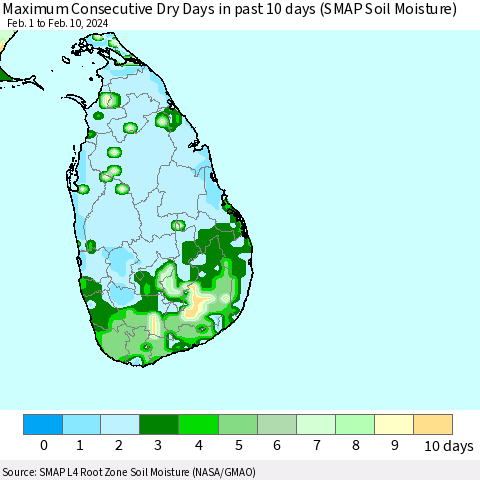 Sri Lanka Maximum Consecutive Dry Days in past 10 days (SMAP Soil Moisture) Thematic Map For 2/6/2024 - 2/10/2024