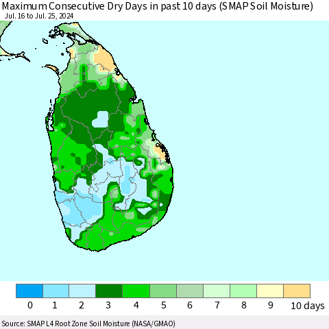 Sri Lanka Maximum Consecutive Dry Days in past 10 days (SMAP Soil Moisture) Thematic Map For 7/21/2024 - 7/25/2024