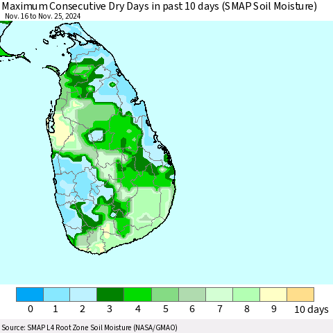 Sri Lanka Maximum Consecutive Dry Days in past 10 days (SMAP Soil Moisture) Thematic Map For 11/21/2024 - 11/25/2024