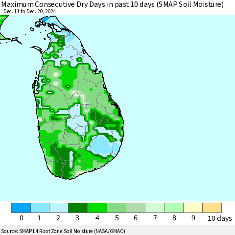 Sri Lanka Maximum Consecutive Dry Days in past 10 days (SMAP Soil Moisture) Thematic Map For 12/16/2024 - 12/20/2024