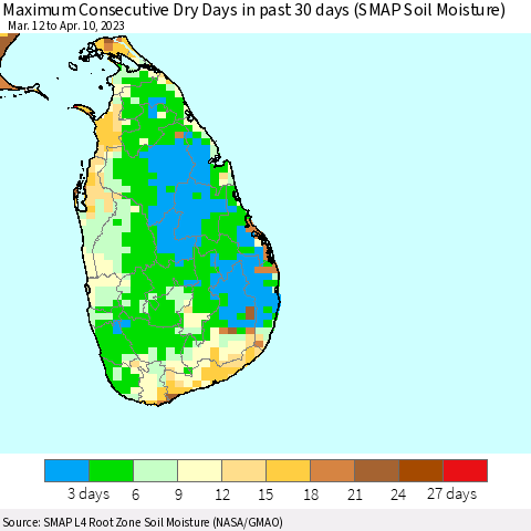 Sri Lanka Maximum Consecutive Dry Days in past 30 days (SMAP Soil Moisture) Thematic Map For 4/6/2023 - 4/10/2023