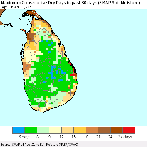 Sri Lanka Maximum Consecutive Dry Days in past 30 days (SMAP Soil Moisture) Thematic Map For 4/26/2023 - 4/30/2023