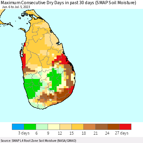 Sri Lanka Maximum Consecutive Dry Days in past 30 days (SMAP Soil Moisture) Thematic Map For 7/1/2023 - 7/5/2023