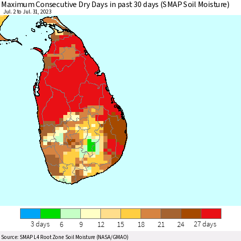 Sri Lanka Maximum Consecutive Dry Days in past 30 days (SMAP Soil Moisture) Thematic Map For 7/26/2023 - 7/31/2023