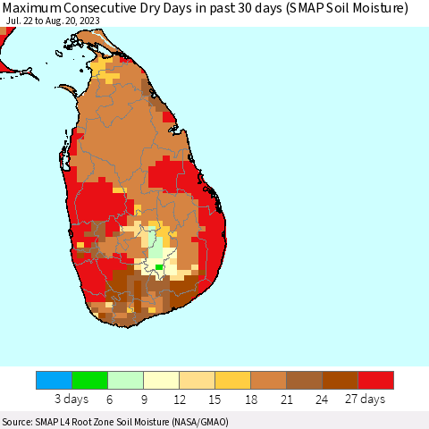 Sri Lanka Maximum Consecutive Dry Days in past 30 days (SMAP Soil Moisture) Thematic Map For 8/16/2023 - 8/20/2023