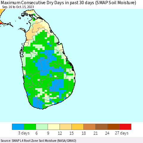 Sri Lanka Maximum Consecutive Dry Days in past 30 days (SMAP Soil Moisture) Thematic Map For 10/11/2023 - 10/15/2023
