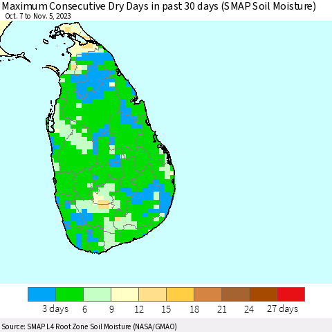 Sri Lanka Maximum Consecutive Dry Days in past 30 days (SMAP Soil Moisture) Thematic Map For 11/1/2023 - 11/5/2023