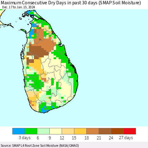 Sri Lanka Maximum Consecutive Dry Days in past 30 days (SMAP Soil Moisture) Thematic Map For 1/11/2024 - 1/15/2024