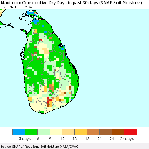 Sri Lanka Maximum Consecutive Dry Days in past 30 days (SMAP Soil Moisture) Thematic Map For 2/1/2024 - 2/5/2024