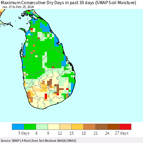 Sri Lanka Maximum Consecutive Dry Days in past 30 days (SMAP Soil Moisture) Thematic Map For 2/21/2024 - 2/25/2024