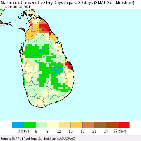 Sri Lanka Maximum Consecutive Dry Days in past 30 days (SMAP Soil Moisture) Thematic Map For 7/26/2024 - 7/31/2024