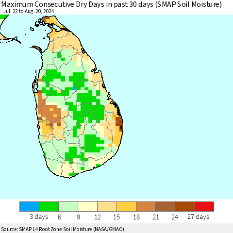 Sri Lanka Maximum Consecutive Dry Days in past 30 days (SMAP Soil Moisture) Thematic Map For 8/16/2024 - 8/20/2024
