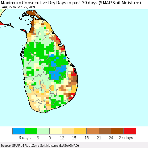 Sri Lanka Maximum Consecutive Dry Days in past 30 days (SMAP Soil Moisture) Thematic Map For 9/21/2024 - 9/25/2024
