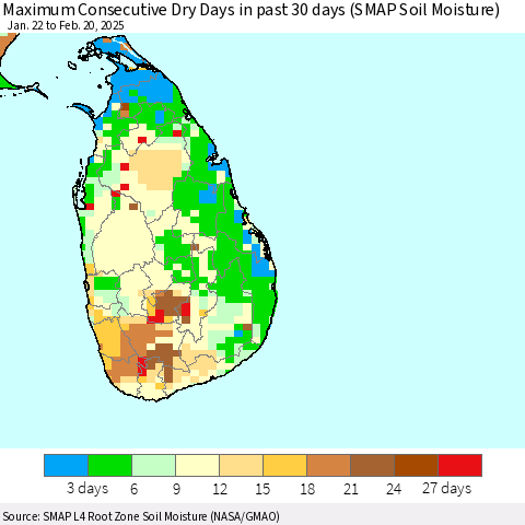 Sri Lanka Maximum Consecutive Dry Days in past 30 days (SMAP Soil Moisture) Thematic Map For 2/16/2025 - 2/20/2025