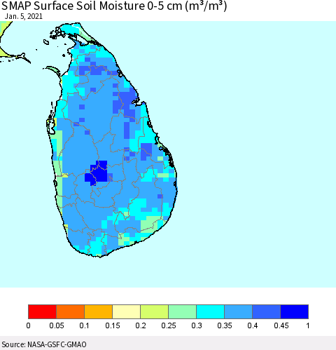 Sri Lanka SMAP Surface (0-5 cm) Soil Moisture (m³/m³) Thematic Map For 1/1/2021 - 1/5/2021