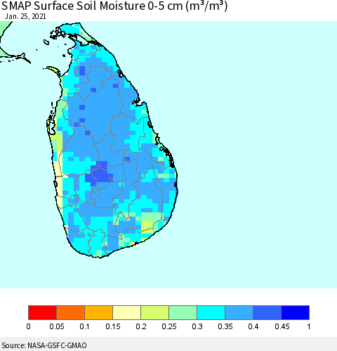 Sri Lanka SMAP Surface (0-5 cm) Soil Moisture (m³/m³) Thematic Map For 1/21/2021 - 1/25/2021