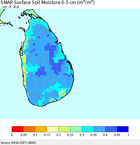 Sri Lanka SMAP Surface (0-5 cm) Soil Moisture (m³/m³) Thematic Map For 1/26/2021 - 1/31/2021
