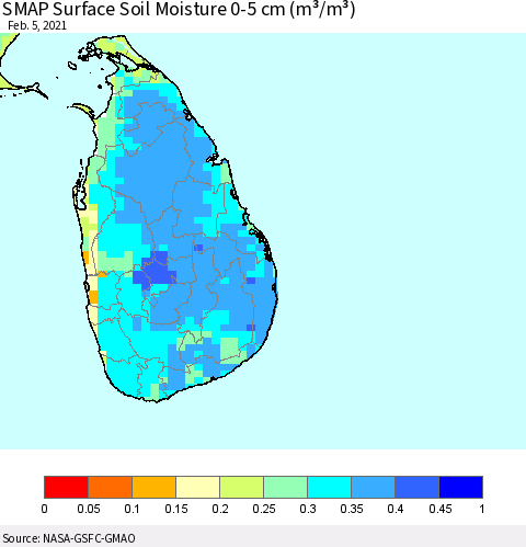 Sri Lanka SMAP Surface (0-5 cm) Soil Moisture (m³/m³) Thematic Map For 2/1/2021 - 2/5/2021