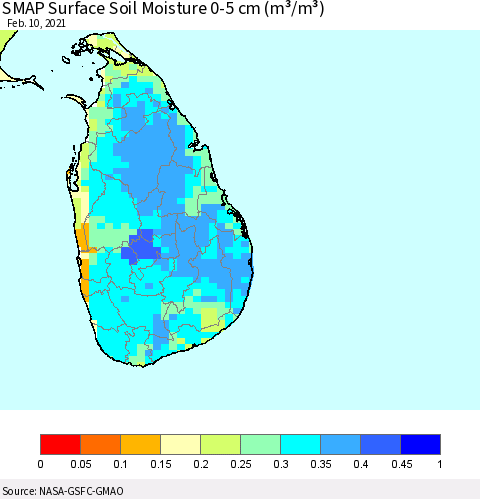 Sri Lanka SMAP Surface (0-5 cm) Soil Moisture (m³/m³) Thematic Map For 2/6/2021 - 2/10/2021