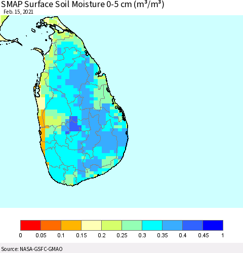 Sri Lanka SMAP Surface (0-5 cm) Soil Moisture (m³/m³) Thematic Map For 2/11/2021 - 2/15/2021