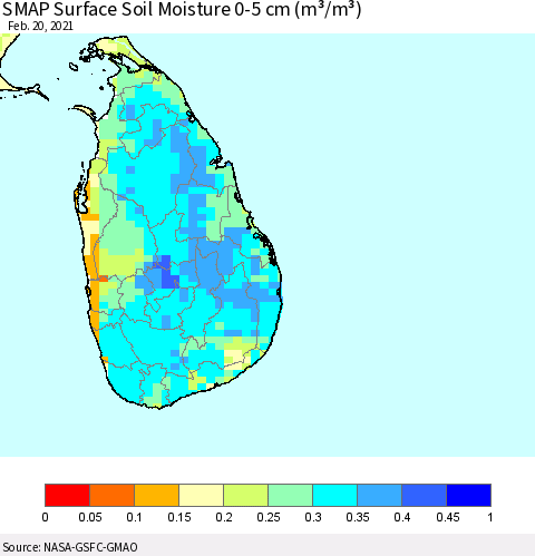 Sri Lanka SMAP Surface (0-5 cm) Soil Moisture (m³/m³) Thematic Map For 2/16/2021 - 2/20/2021