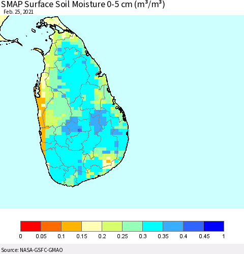 Sri Lanka SMAP Surface (0-5 cm) Soil Moisture (m³/m³) Thematic Map For 2/21/2021 - 2/25/2021