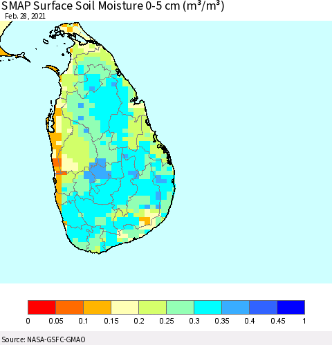 Sri Lanka SMAP Surface (0-5 cm) Soil Moisture (m³/m³) Thematic Map For 2/26/2021 - 2/28/2021