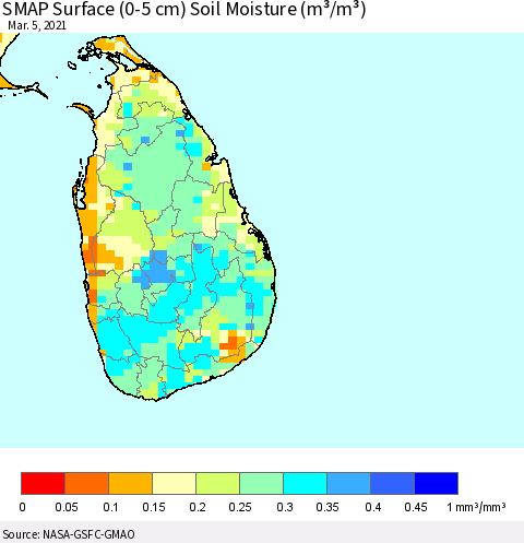 Sri Lanka SMAP Surface (0-5 cm) Soil Moisture (m³/m³) Thematic Map For 3/1/2021 - 3/5/2021