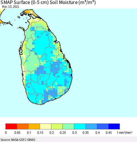Sri Lanka SMAP Surface (0-5 cm) Soil Moisture (m³/m³) Thematic Map For 3/6/2021 - 3/10/2021
