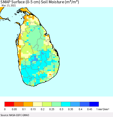 Sri Lanka SMAP Surface (0-5 cm) Soil Moisture (m³/m³) Thematic Map For 3/11/2021 - 3/15/2021