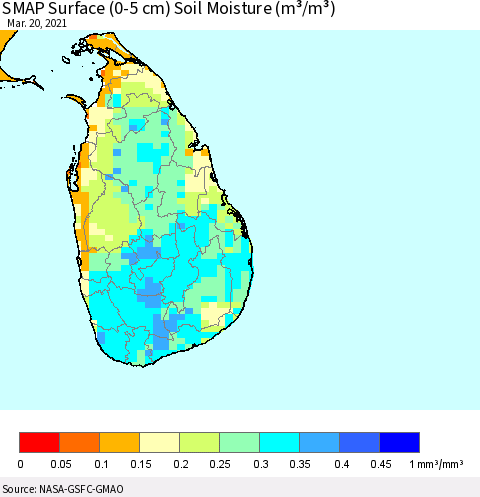 Sri Lanka SMAP Surface (0-5 cm) Soil Moisture (m³/m³) Thematic Map For 3/16/2021 - 3/20/2021
