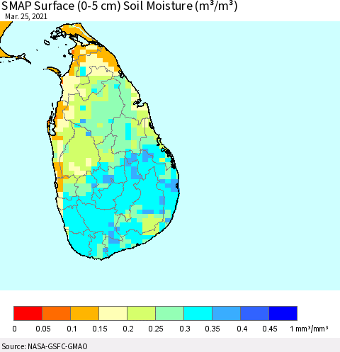 Sri Lanka SMAP Surface (0-5 cm) Soil Moisture (m³/m³) Thematic Map For 3/21/2021 - 3/25/2021