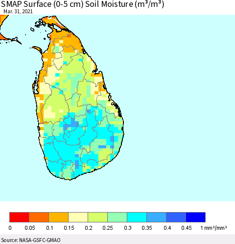 Sri Lanka SMAP Surface (0-5 cm) Soil Moisture (m³/m³) Thematic Map For 3/26/2021 - 3/31/2021