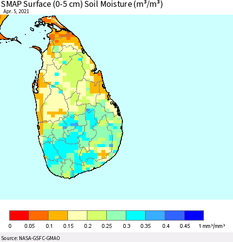 Sri Lanka SMAP Surface (0-5 cm) Soil Moisture (m³/m³) Thematic Map For 4/1/2021 - 4/5/2021