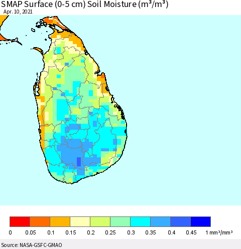 Sri Lanka SMAP Surface (0-5 cm) Soil Moisture (m³/m³) Thematic Map For 4/6/2021 - 4/10/2021