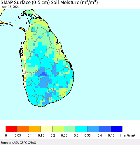Sri Lanka SMAP Surface (0-5 cm) Soil Moisture (m³/m³) Thematic Map For 4/11/2021 - 4/15/2021