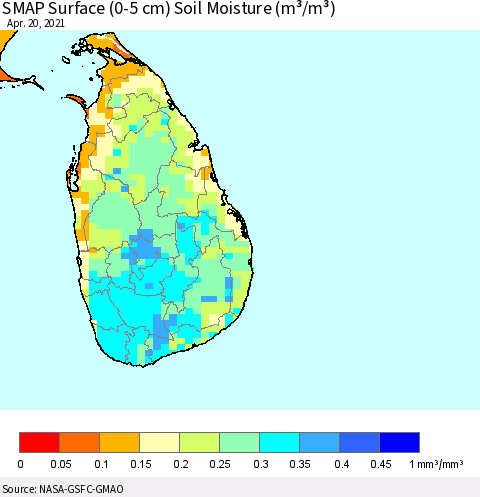 Sri Lanka SMAP Surface (0-5 cm) Soil Moisture (m³/m³) Thematic Map For 4/16/2021 - 4/20/2021