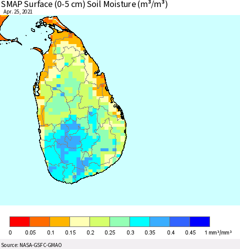 Sri Lanka SMAP Surface (0-5 cm) Soil Moisture (m³/m³) Thematic Map For 4/21/2021 - 4/25/2021