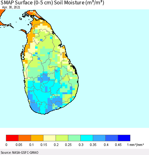 Sri Lanka SMAP Surface (0-5 cm) Soil Moisture (m³/m³) Thematic Map For 4/26/2021 - 4/30/2021