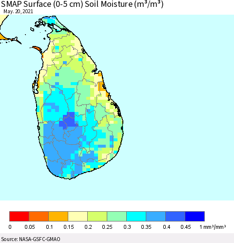Sri Lanka SMAP Surface (0-5 cm) Soil Moisture (m³/m³) Thematic Map For 5/16/2021 - 5/20/2021