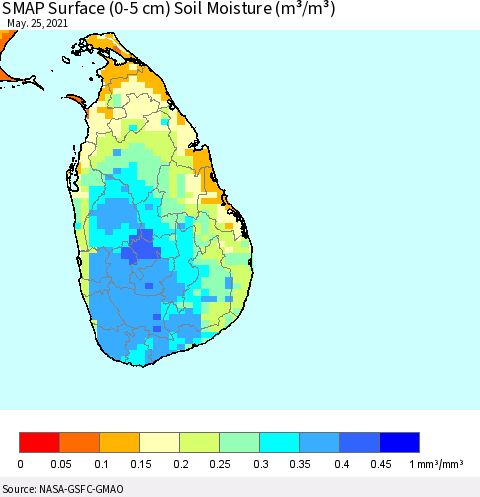 Sri Lanka SMAP Surface (0-5 cm) Soil Moisture (m³/m³) Thematic Map For 5/21/2021 - 5/25/2021